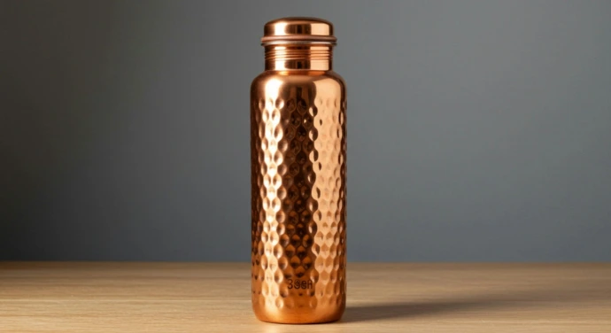 A copper colored water bottle sitting on a wooden table